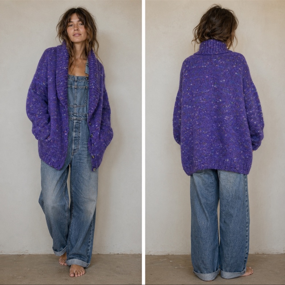 Purple Hand Knit Wool Cardigan • Chunky Balloon Sleeve Shawl Collar Sweater